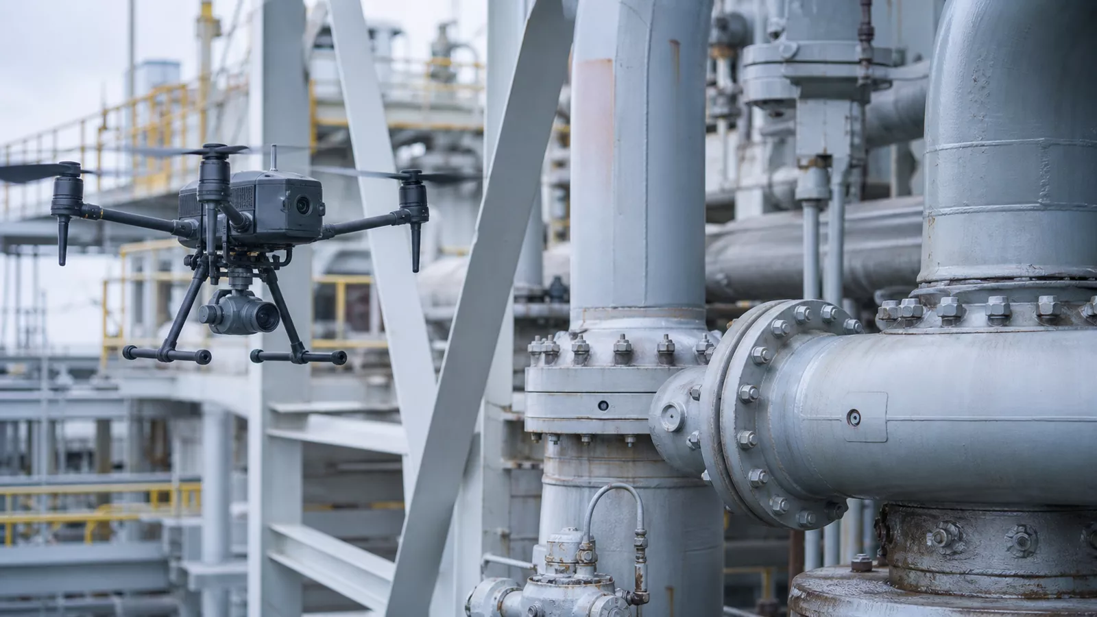 Drone em campanha de inspeção de estrutura industrial