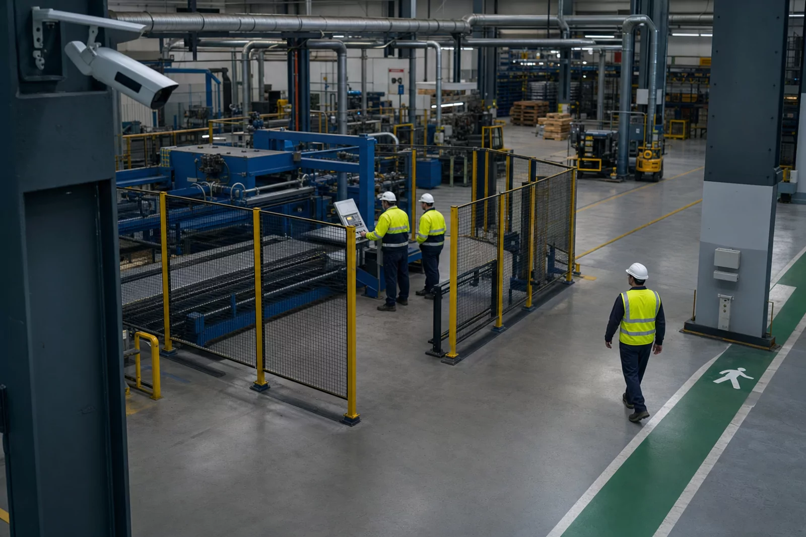 Operação industrial com trabalhadores usando EPIs e zona controlada monitorada
